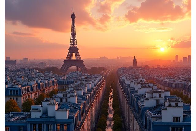 Vue panoramique des toits de Paris avec la Tour Eiffel en arrière-plan au coucher du soleil.