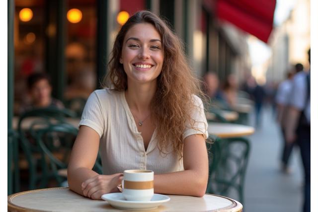 Personne souriante dans un café parisien, tenant une tasse de café.