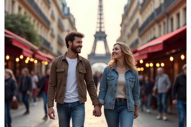 Jeune couple découvrant les rues animées de Paris, symbole des 10 premiers conseils.