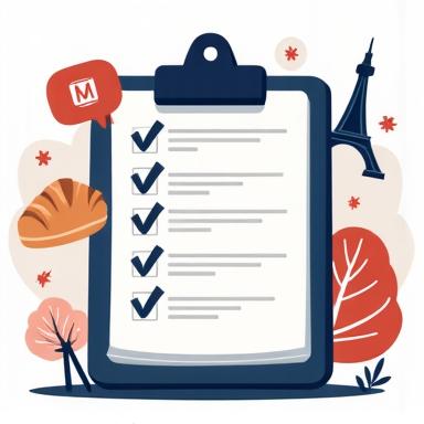 Illustration d'une checklist avec des éléments de la vie parisienne, comme la Tour Eiffel et un croissant.