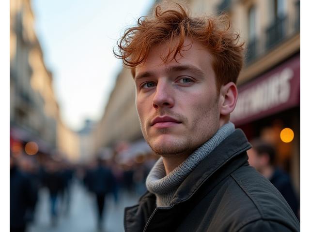 Portrait de Liam O'Connor, avec un fond parisien flou